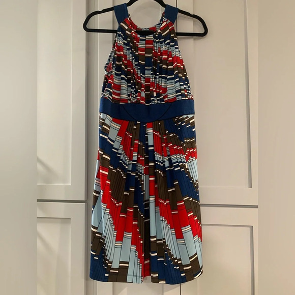 BCBG Maxazria Red White and Blue Geometric Halter Dress Packable - Picture 1 of 6